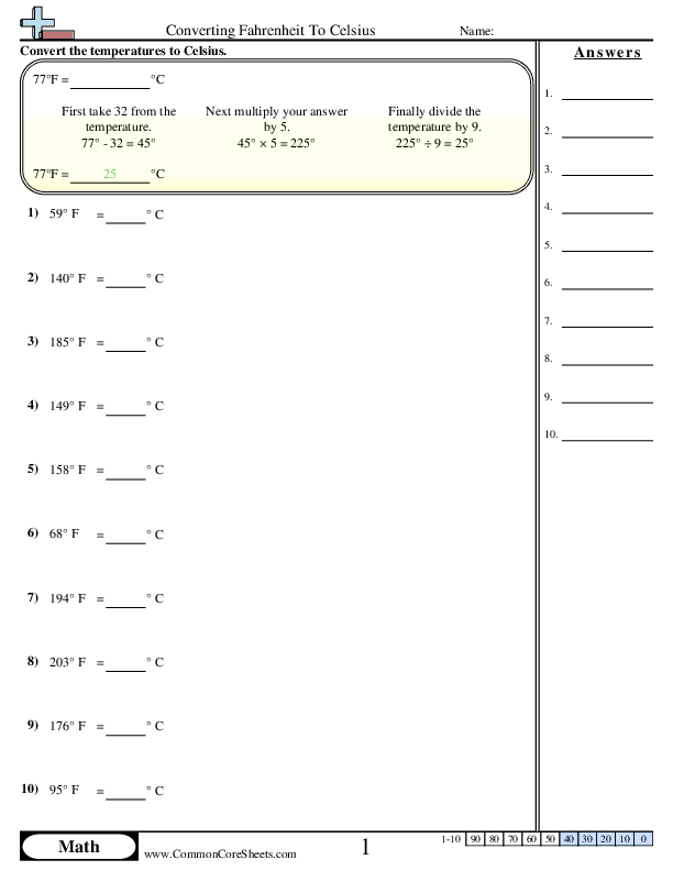  Fahrenheit to Celsius Worksheet -  Fahrenheit to Celsius worksheet